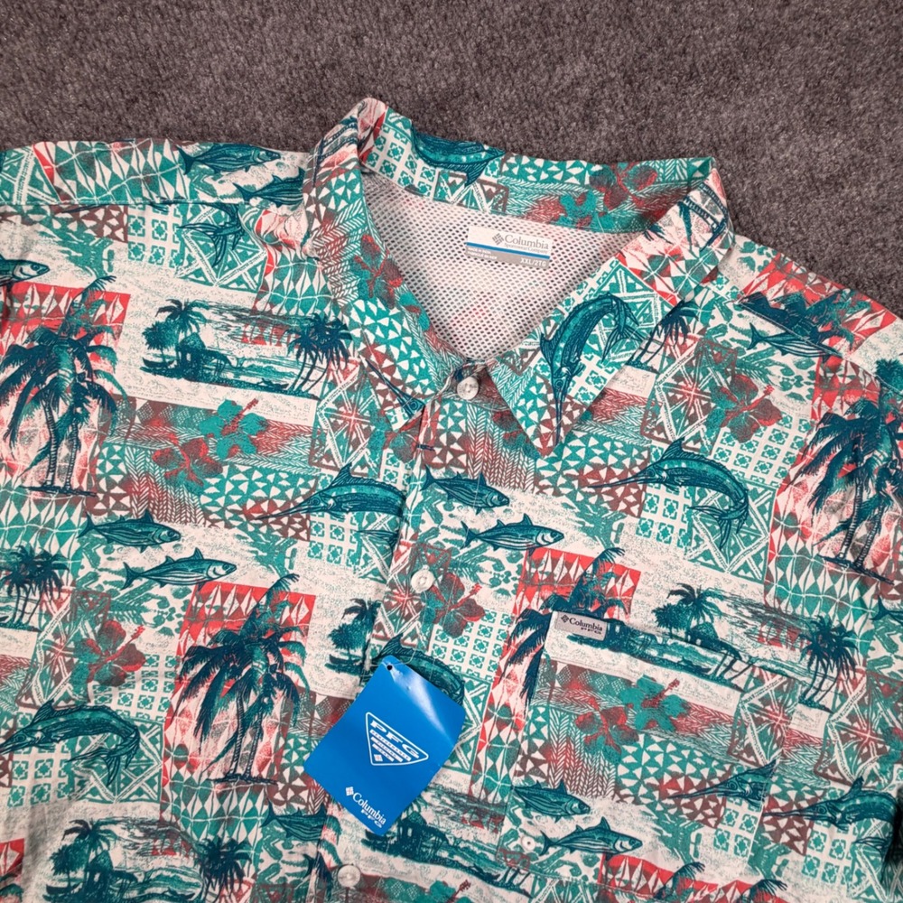 NEW Columbia PFG Mens XXL S/S AOP Fishing Shirt Tropical Fish Palm Teal 0850